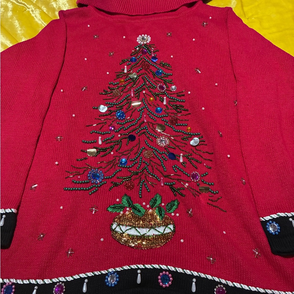 Christmas sweater Victoria jones red  beaded Christmas tree size large